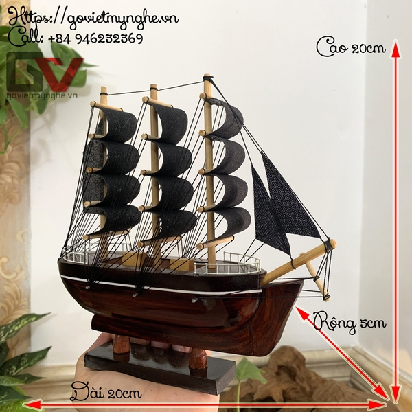 Mô hình thuyền gỗ trang trí - Thuyền gỗ Le Belem của Pháp - Dài 20cm - Buồm vải đen