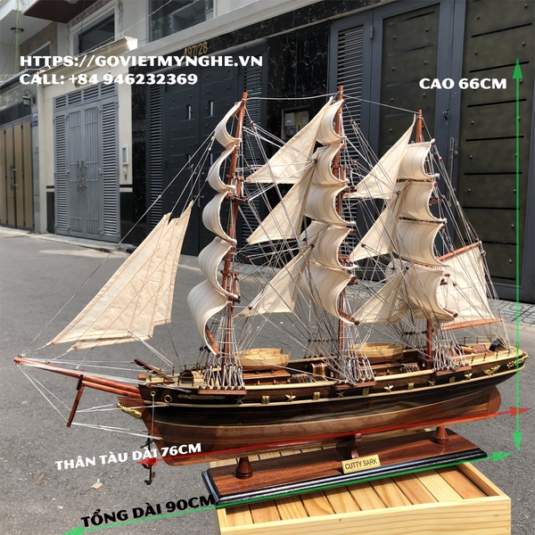 [Dài 90cm - chuẩn xuất khẩu] Mô hình thuyền gỗ thuyền trang trí tàu chiến cổ Cutty Sark - Gỗ muồng đen - Thân tàu dài 76cm - Buồm vải bố