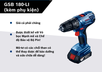 Máy khoan vặn vít dùng pin động lực Bosch GSB 180-LI (kèm phụ kiện)