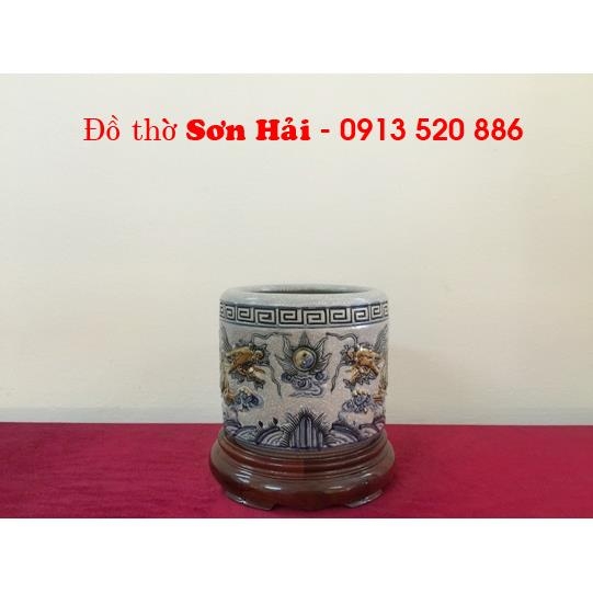 Bát hương gốm sứ Bát Tràng giả cổ, men rạn, rồng nổi đẹp, rộng 16cm