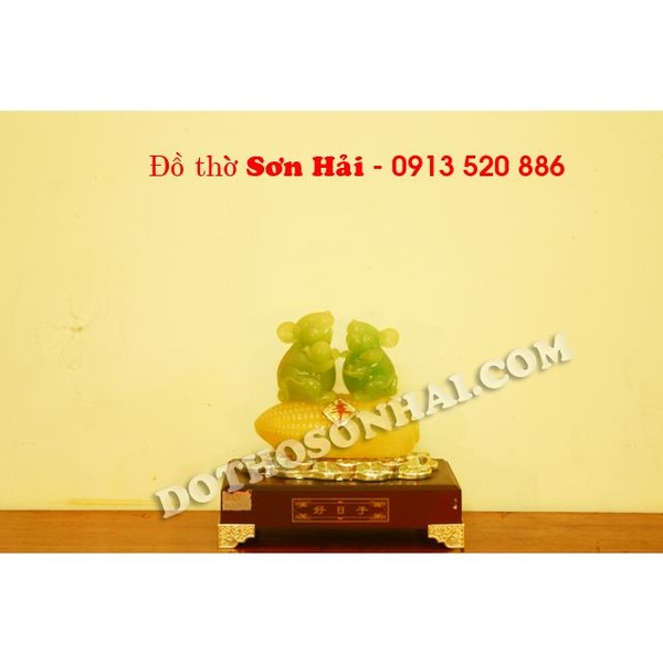 Tượng chuột phong thủy màu xanh ngọc, 20cm x 18cm