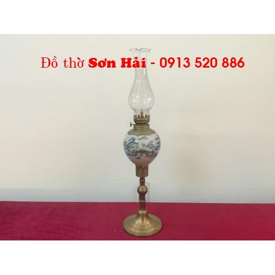 Đèn dầu Bát Tràng giả cổ sứ men rạn, cao 27cm, chân đèn bằng đồng đúc, mã DC02