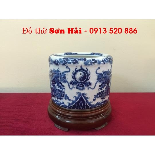 Bát hương Bát Tràng giả cổ đẹp, men lam cao cấp, rồng nổi, rộng 20cm