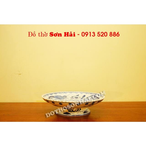 Đĩa hoa quả thờ, mâm bồng sứ Bát Tràng, men lam giả cổ cao cấp, rộng 31cm