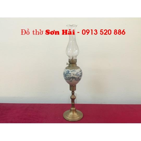 Đèn dầu giả cổ sứ men rạn Bát Tràng cao cấp, cao 27cm, chân đèn bằng đồng đúc, mã DC02