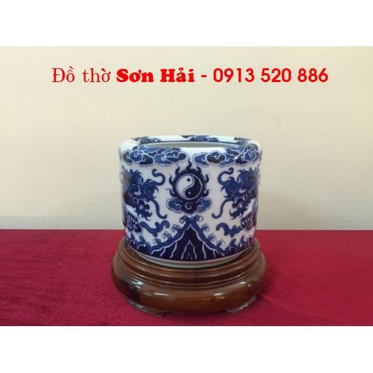 Bát hương Bát Tràng cao cấp, sứ men lam giả cổ, rồng nổi, rộng 18cm