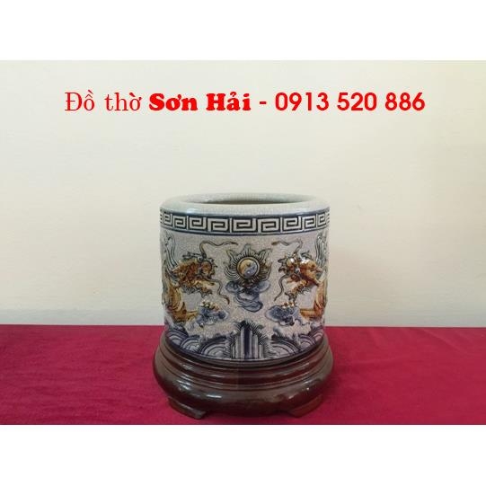 Bát hương bằng gốm sứ Bát Tràng, men rạn đẹp, rồng nổi giả cổ, rộng 20cm