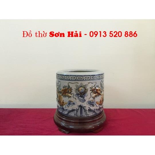 Bát hương giả cổ Bát Tràng, men rạn cao cấp, rồng nổi đẹp, rộng 18cm