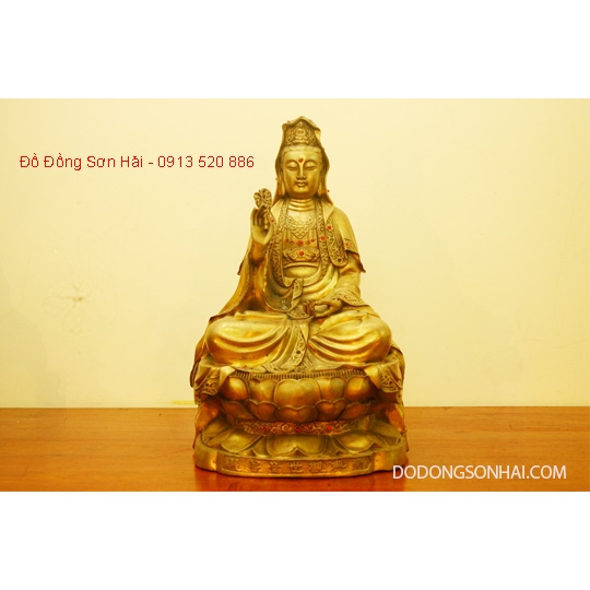Tượng Phật Bà Quan Âm bằng đồng vàng làm màu cổ cao 25cm