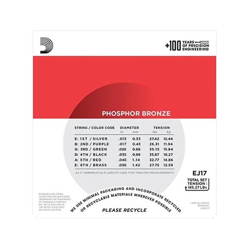 D'Addario EJ17 Phosphor Bronze Acoustic Guitar Strings, Medium, 1356