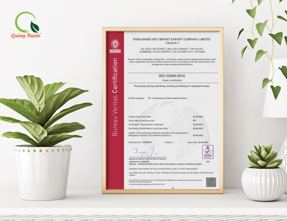 Bột Rau Sấy Lạnh Quảng Thanh đạt tiêu chuẩn ISO 22000:2018