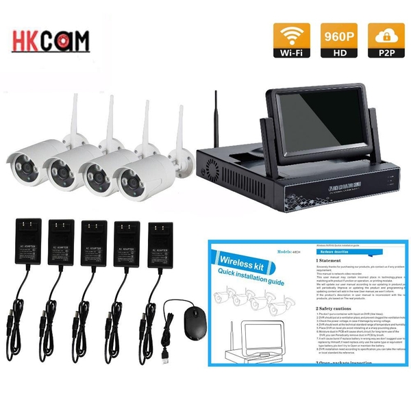 HD NVR K907413 -  Màn hình LCD 7 inch, Bộ đầu ghi KIT + 4 Camera Wifi 960P, 100% không dây