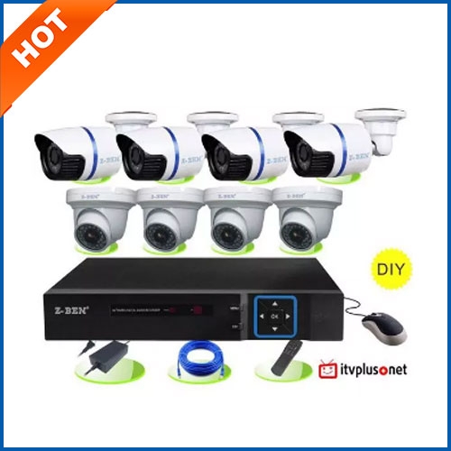 Bộ Camera Giám sát POE 8 Camera trong nhà và ngoài trời 1.0Mpx 720P và đầu ghi NVR POE