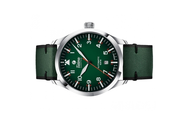 Đồng hồ đeo tay thương hiệu Tutima, dòng sản phẩm Grand Flieger, Ref no: 6105-29, mặt số xanh lá size 41mm, máy tự động, vỏ đồng hồ bằng thép không gỉ và dây da bê màu xanh lá, hàng mới 100%