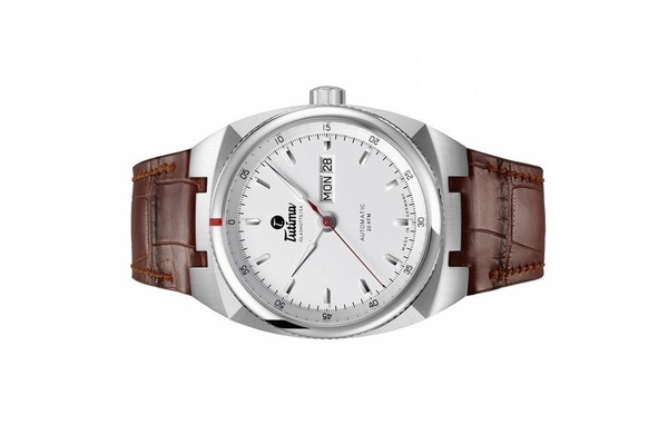 Đồng hồ đeo tay thương hiệu Tutima, dòng sản phẩm Saxon One, Ref no: 6120-04, mặt số bạc trắng Opalin, size 42mm, máy tự động, vỏ đồng hồ bằng thép không gỉ, dây đeo da cá sấu, hàng mới 100%