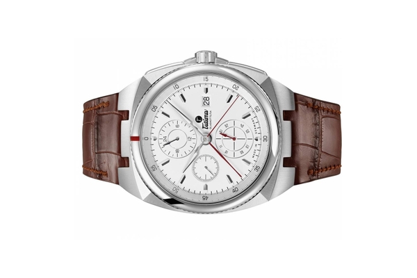 Đồng hồ đeo tay thương hiệu Tutima, dòng sản phẩm Saxon One, Ref no: 6420-04, mặt số bạc trắng Opalin, size 43mm, máy tự động, vỏ đồng hồ bằng thép không gỉ, dây đeo da cá sấu, hàng mới 100%