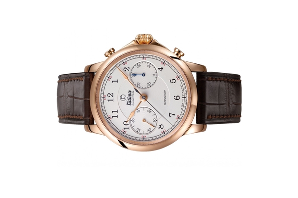 Đồng hồ đeo tay thương hiệu Tutima, dòng sản phẩm Tempostopp, Ref no: 6650-01, mặt số mạ bạc, size 43mm, máy lên cót tay , vỏ và khóa đồng hồ bằng vàng hồng 18k, dây đeo da cá sấu, hàng mới 100%