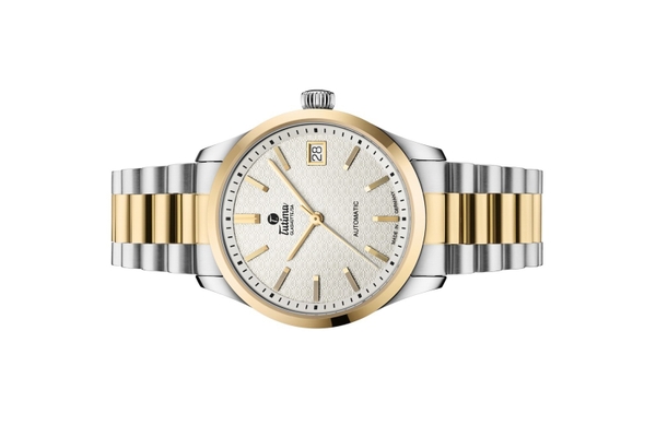 Đồng hồ đeo tay thương hiệu Tutima, dòng sản phẩm Lady Sky, Ref no: 6705-22, mặt số trắng Opal , size 34mm, máy tự động, vỏ và dây đồng hồ bằng thép không gỉ và mạ vàng, hàng mới 100%