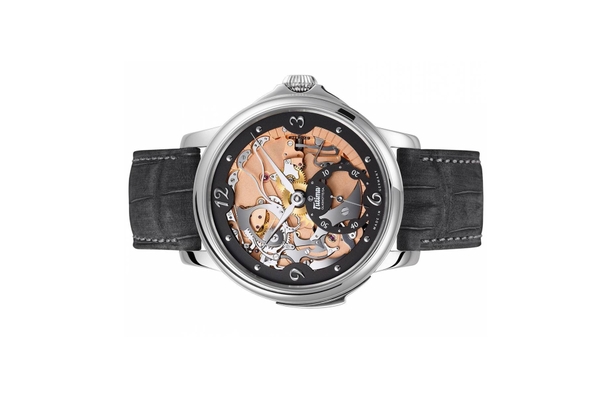 Đồng hồ đeo tay thương hiệu Tutima, dòng sản phẩm Hommage, Ref no: 6800-01, mặt số vàng hồng 18k, Ruthenium và Skeleton, size 43mm, máy lên cót tay, vỏ và khóa đồng hồ bằng platinum, dây đeo da cá sấu, hàng mới 100%