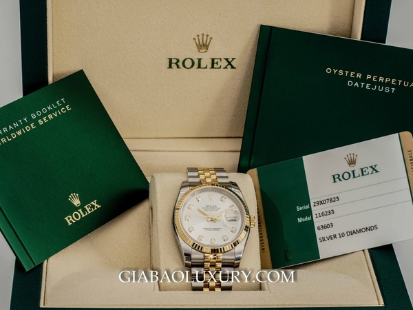 Đồng Hồ Rolex Datejust 36 116233 Mặt Số Bạc Nạm Kim Cương