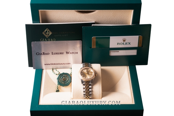 Đồng Hồ Rolex Lady-Datejust 28 279383RBR Mặt Số Vàng Champagne Nạm Kim Cương (Like New)