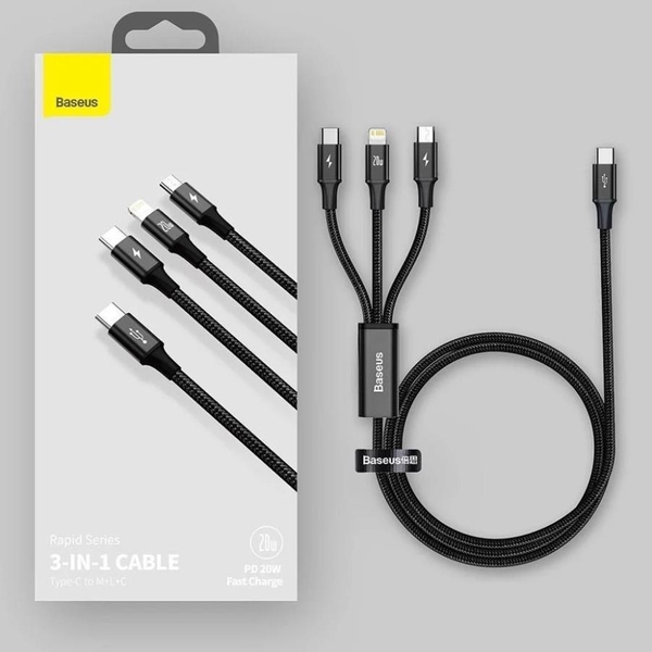 Cáp sạc 3 đầu 20w Baseus 3in1 1m Rapid Seris