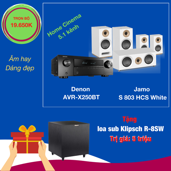 Bộ 5.1 Amply Denon X250BT + Loa Jamo S803 Trắng+Tặng Sub Klipsch R-8sw