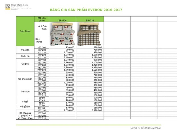 Bảng giá chăn ga gối đệm Everon 2017