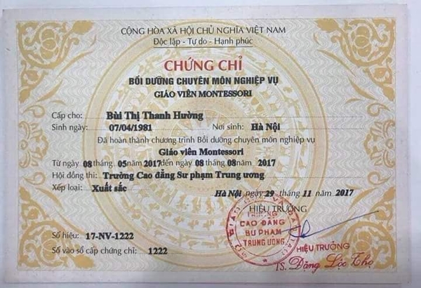 Chứng chỉ giáo viên montessori