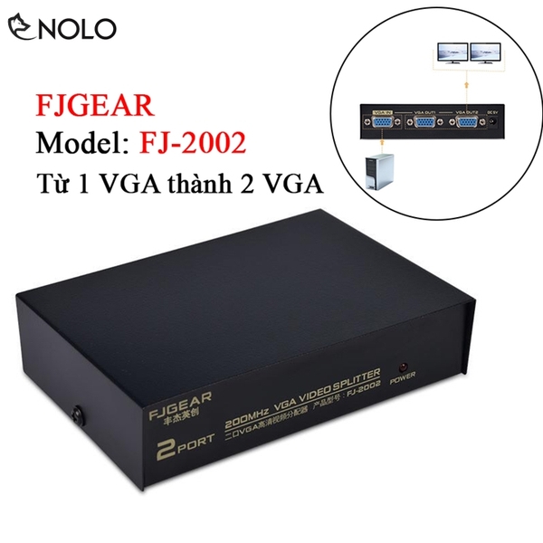 Hub Chia Cổng VGA Từ 1 Máy Tính Ra 2 Màn Hình Chiếu Máy FJGEAR Model FJ2002 Chất Liệu Vỏ Hợp Kim Dùng Nguồn 5V Tặng Kèm