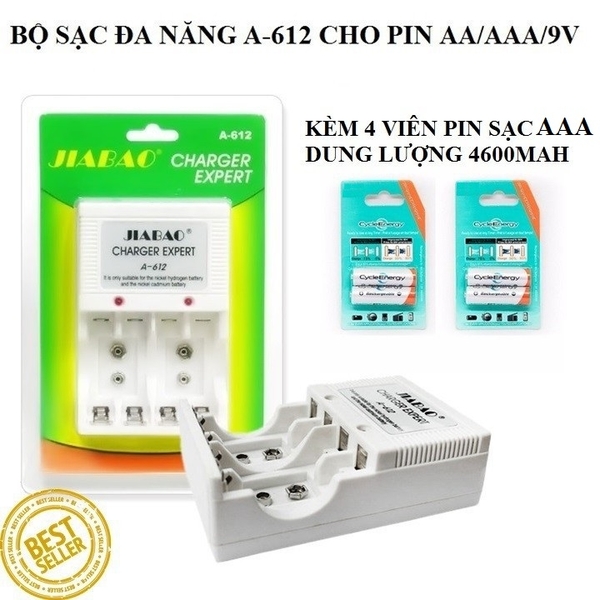 Bộ Sạc Pin Đa Năng Jiabao A612 Cho Pin AA-AAA-9V Kèm 4 Viên Pin Sạc AAA