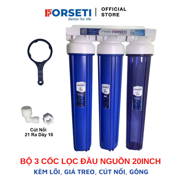 Bộ lọc thô đầu nguồn bán công nghiệp 20 inch Ren 21 và Ren 27 đã bao gồm 3 lõi lọc, gông tháo cốc lọc, cút nối