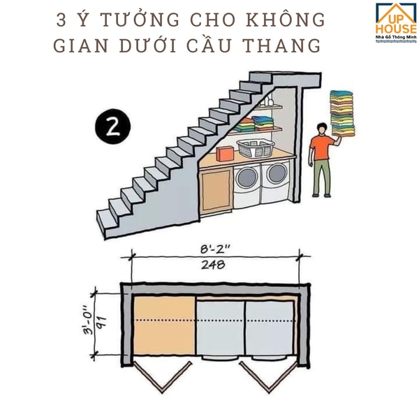 gầm cầu thang làm nơi giặt ủi