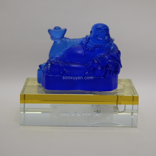 Phật di lặc bằng đá màu xanh nước biển cao 8,5 cm dài 9,5 cm