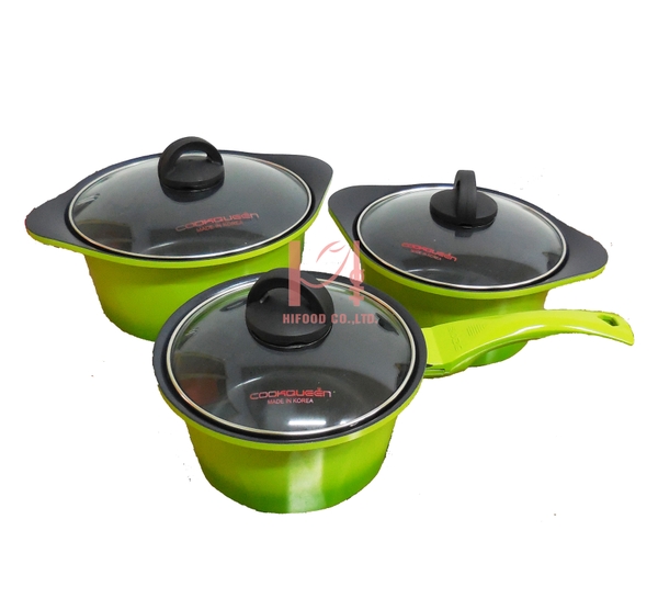 Korean Cookqueen Small Ceramic Nonstick Pot Set 18-20-24cm (Glass Lid) (Lawn Green)