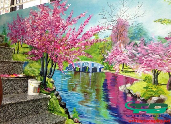 Vẽ Tranh Tường Mùa Xuân Tại Chân Cầu Thang Ở Cầu Giấy