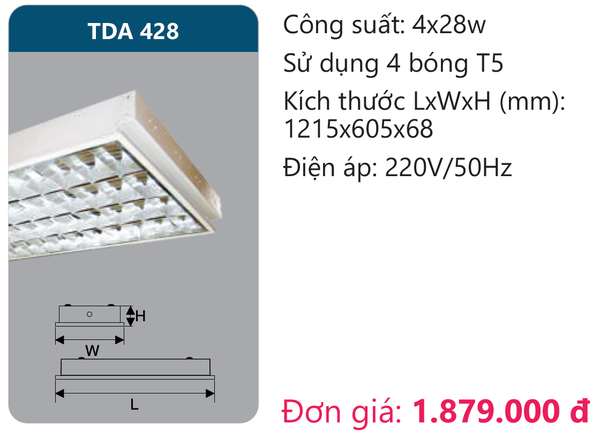 Máng đèn phản quang lắp nổi âm trần Duhal TDA 428