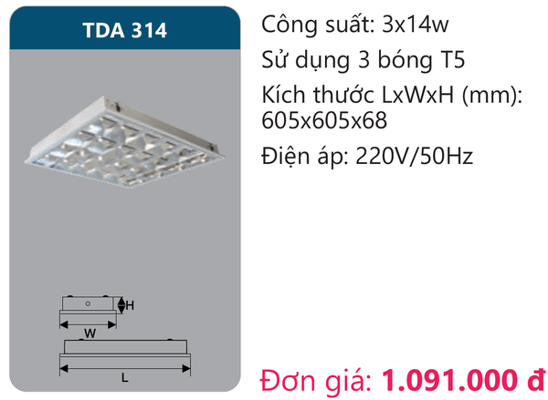 Máng đèn phản quang lắp nổi âm trần Duhal TDA 314