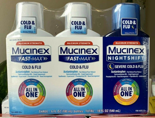 Siro giảm cảm cúm ngày và đêm Mucinex Fast-Max Cold Flu + NightShift 180ml x3 chai
