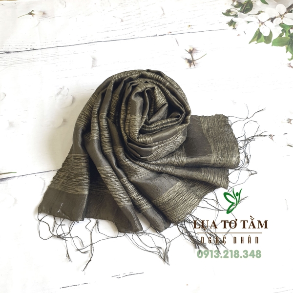 Khăn lụa tơ tằm Dệt Đố Kẻ Ngang (màu xám olive đậm) | Lụa Nghệ Nhân