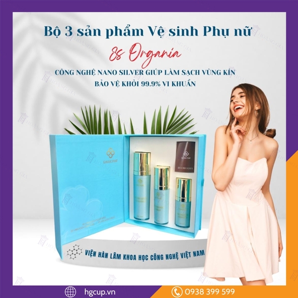 Bộ 3 Sản Phẩm Vệ Sinh Phụ Nữ 8S ORGANIA - Công nghệ Nano Silver bảo vệ khỏi 99.9% vi khuẩn