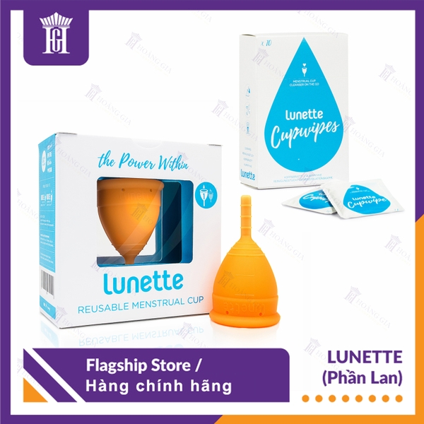 Combo Cốc nguyệt san Lunette (Cam, hộp vuông) + Hộp Giấy lau tiệt trùng cốc nguyệt san