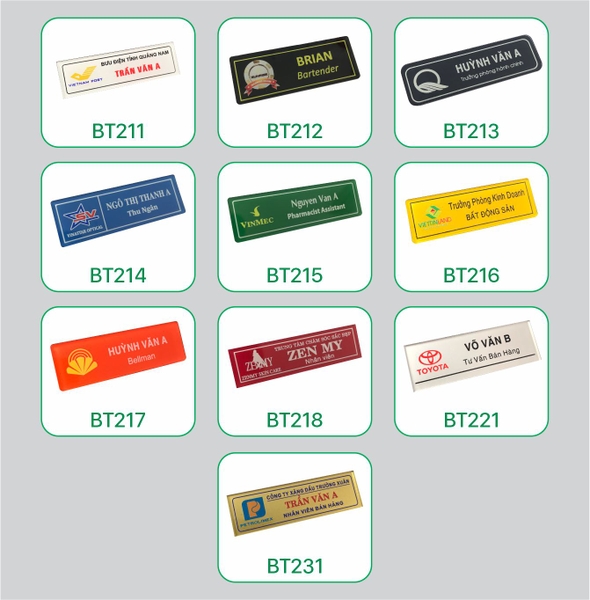 Thẻ tên mica BT211 / BT212 / BT213 / BT214 / BT215 / BT216 / BT217 / BT218 / BT221 / BT231 60x20mm