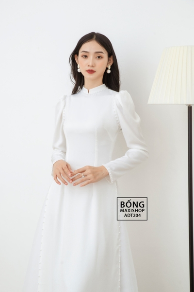 Áo dài cô dâu lụa trắng tay phồng viền ngọc ADT204
