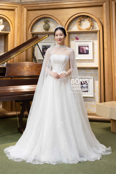 Váy cưới kim tuyến cup trắng tùng gân hoa bèo choàng VSRD268