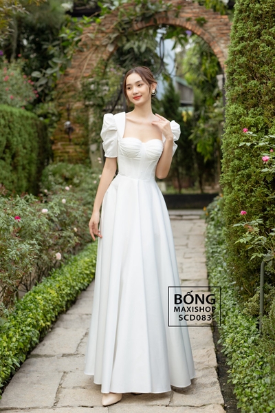 Váy cưới phi nhật tay phồng ngực xếp ly trắng SCD083T