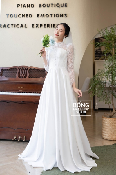 Váy cưới phi nhật trắng phối thân ren điểm nút VC870