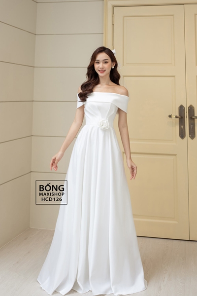 Váy cưới phi nhật trễ vai ngang trắng hoa eo HCD126