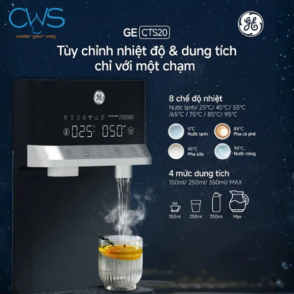 Máy lọc nóng lạnh GE CTS20 điều chỉnh nhiệt độ, dung tích dễ dàng với 1 chạm