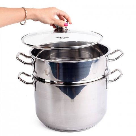 Bộ nồi xửng hấp inox fivestar st28-3dg - 28 cm, 3 đáy, nắp kính